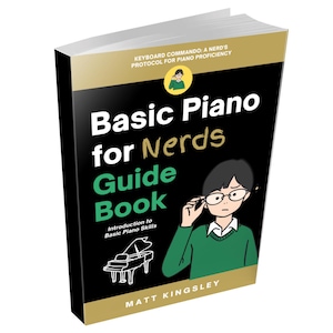 Könnte beinhalten: Ein schwarzes und grünes Buch mit dem Titel "Basic Piano for Nerds Guide Book" mit einer Cartoon-Illustration einer Person mit Brille und grünem Pullover. Der Buchumschlag zeigt auch eine Schwarzweiß-Illustration eines Flügels.