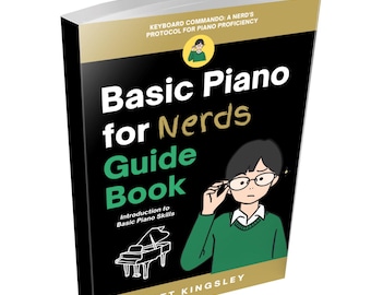 May include: A black and green book titled "Basic Piano for Nerds Guide Book" with a cartoon illustration of a person wearing glasses and a green sweater. The book cover also features a black and white illustration of a grand piano.