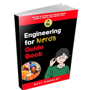 Pode incluir: Um livro de capa dura intitulado "Engineering for Nerds Guide Book" com uma capa preta e detalhes em vermelho. A capa apresenta ilustrações e o texto "Master the Hidden Rules Behind Bridges, Gadgets, Robots, and Everyday Tech."