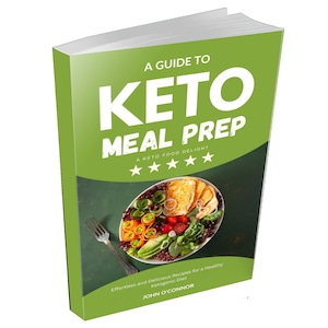 Puede incluir: Una cubierta de libro verde con el título "A Guide to Keto Meal Prep: A Keto Food Delight" en texto blanco. La cubierta presenta una foto de un tazón de comida con un tenedor sobre un fondo verde. El libro está calificado con cinco estrellas.