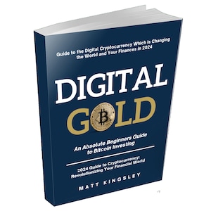 May include: A blue book titled "Digital Gold: An Absolute Beginners Guide to Bitcoin Investing" with a gold Bitcoin symbol on the cover. The book is about cryptocurrency and how it is changing the world and finances in 2024.