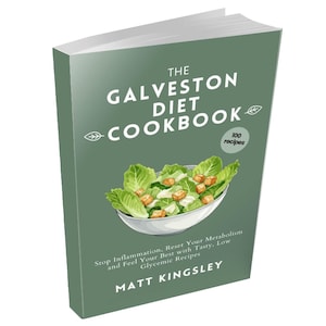 Könnte beinhalten: Ein Kochbuch mit grünem Einband, "The Galveston Diet Cookbook", mit dem Text "100 Rezepte". Das Cover zeigt eine Salatschüssel. Der Untertitel lautet: "Entzündungen stoppen, Ihren Stoffwechsel zurücksetzen und sich mit leckeren, glykämiearmen Rezepten besser fühlen".