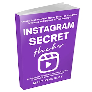 May include: Purple book cover with the title "INSTAGRAM SECRET Hacks" in white text. The book cover also features a white play button inside a white rectangle.