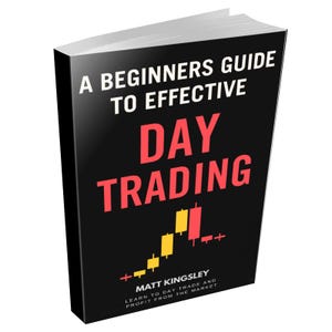 May include: A black book with the title "A Beginners Guide to Effective Day Trading" in white text. The subtitle "Learn to Day Trade and Profit from the Market" is in smaller white text. The author's name "Matt Kingsley" is in white text. A red and yellow candlestick chart is in the bottom right corner.