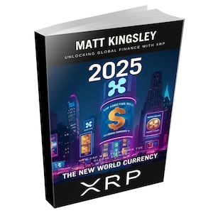 Può includere: Copertina di un libro con uno skyline futuristico di una città e il testo "2025" in grandi lettere bianche. La copertina presenta un grande logo XRP viola e blu e il testo "La nuova valuta mondiale XRP".