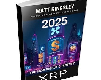 May include: Book cover with a futuristic city skyline and the text "2025" in large white letters. The cover features a large purple and blue XRP logo and the text "The New World Currency XRP".