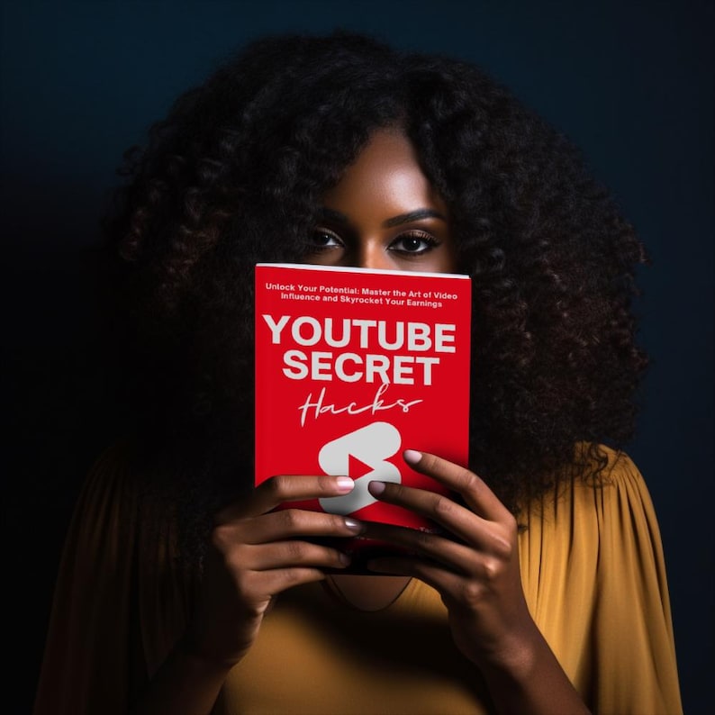 May include: A person is holding a red book titled "YouTube Secret Hacks" in front of their face. The book cover features a white play button icon and the text "Unlock Your Potential: Master the Art of Video Influence and Skyrocket Your Earnings".