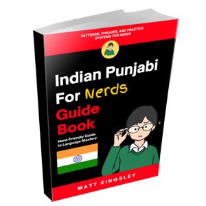 Peut inclure: Un livre broché intitulé Indian Punjabi For Nerds Guide Book avec une couverture noire, des bordures rouges en haut et en bas, et du texte blanc. La couverture présente une illustration d'une personne ajustant ses lunettes, le drapeau indien.