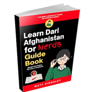 May include: A book titled "Learn Dari Afghanistan for Nerds Guide Book" with a black cover and red accents. The cover features an illustration of a person wearing glasses and the text "Speak Like Kabul, Not Like a Textbook."