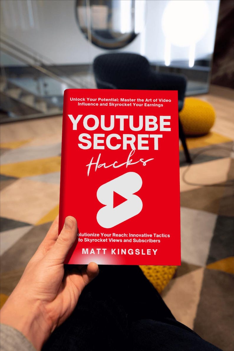 May include: A red book titled "YouTube Secret Hacks" with a white play button icon. The book cover also includes the text "Unlock Your Potential: Master the Art of Video Influence and Skyrocket Your Earnings" and "Revolutionize Your Reach: Innovative Tactics to Skyrocket Views and Subscribers". The author's name is "Matt Kingsley".