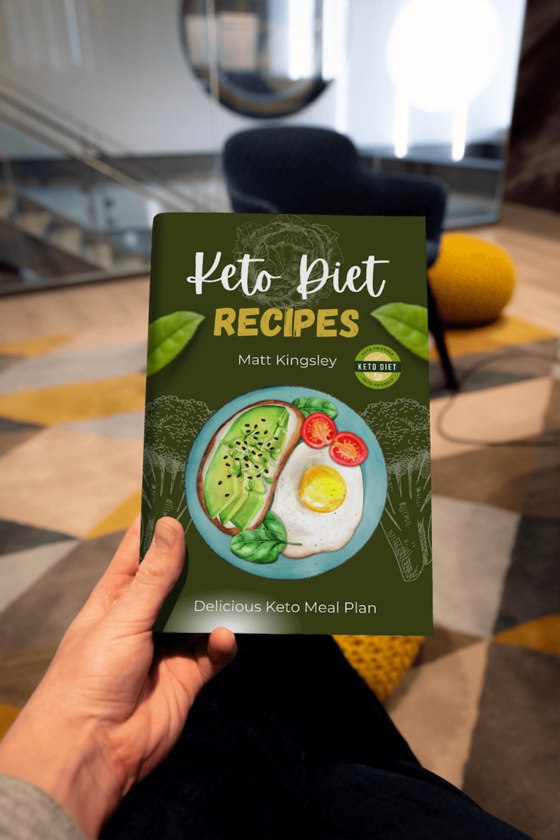 May include: A green book cover with the title "Keto Diet Recipes" and the author's name "Matt Kingsley". The cover features a watercolor illustration of a plate with avocado toast, a fried egg, and cherry tomatoes. The text "Delicious Keto Meal Plan" is at the bottom of the cover.