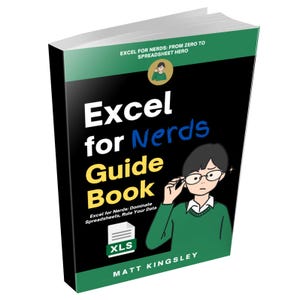 Könnte beinhalten: Ein schwarzer und grüner Buchumschlag mit dem Titel "Excel for Nerds Guide Book". Der Umschlag zeigt eine Comic-Illustration einer Person mit Brille und grünem Hemd, die den Betrachter ansieht.