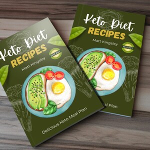 May include: Two green and yellow paperback books with the title "Keto Diet Recipes" and the author's name "Matt Kingsley". The cover features a watercolor illustration of a plate with avocado toast, a fried egg, and cherry tomatoes.
