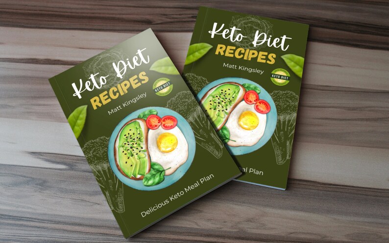May include: Two green and yellow paperback books with the title "Keto Diet Recipes" and the author's name "Matt Kingsley". The cover features a watercolor illustration of a plate with avocado toast, a fried egg, and cherry tomatoes.