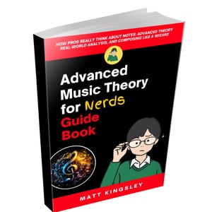 Può includere: Un libro intitolato "Advanced Music Theory for Nerds Guide Book" con copertina nera e dettagli rossi. La copertina presenta un'illustrazione a cartoni animati di una persona con gli occhiali e un disegno di note musicali.