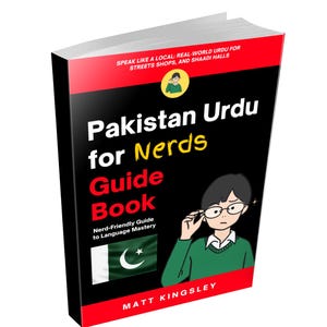 May include: A book titled "Pakistan Urdu for Nerds Guide Book" with a black cover and red accents. The cover features an illustration of a person wearing glasses and the Pakistani flag. The text "Speak like a local" is also visible.