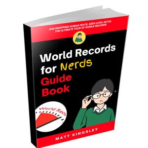 May include: A hardcover book titled "World Records for Nerds Guide Book" with a black cover and red accents. The cover features an illustration of a person wearing glasses and the author's name, Matt Kingsley.