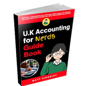 May include: A book titled "U.K. Accounting for Nerds Guide Book" with a black cover and red accents. The cover features an illustration of a person wearing glasses and a green sweater. The book's title is in yellow and red text.