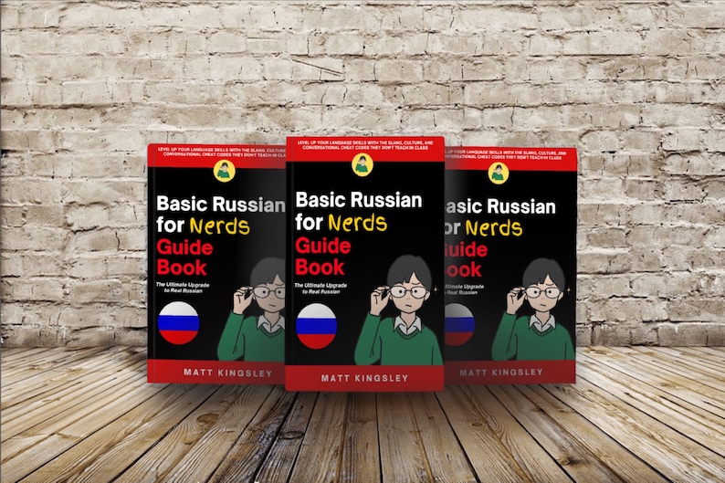 Puede incluir: Se muestran tres ejemplares de "Basic Russian for Nerds Guide Book". Las portadas negras presentan el t&iacute;tulo en amarillo y blanco, una ilustraci&oacute;n y la bandera rusa.
