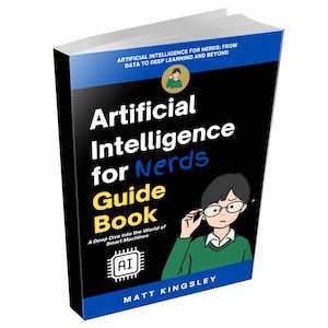 Könnte beinhalten: Ein schwarzer Buchumschlag mit dem Titel "Künstliche Intelligenz für Nerds Guide Book" in weißer Schrift. Der Untertitel lautet "Ein tiefer Einblick in die Welt der intelligenten Maschinen" in kleinerer weißer Schrift. Eine Comic-Illustration einer Person mit Brille befindet sich auf dem Umschlag.