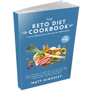 Puede incluir: Un libro de cocina de tapa dura titulado "The Keto Diet Cookbook" con una cubierta azul. La portada presenta el título, un subtítulo e imágenes de alimentos cetogénicos. El libro promete 100 recetas y es del autor Matt Kingsley.