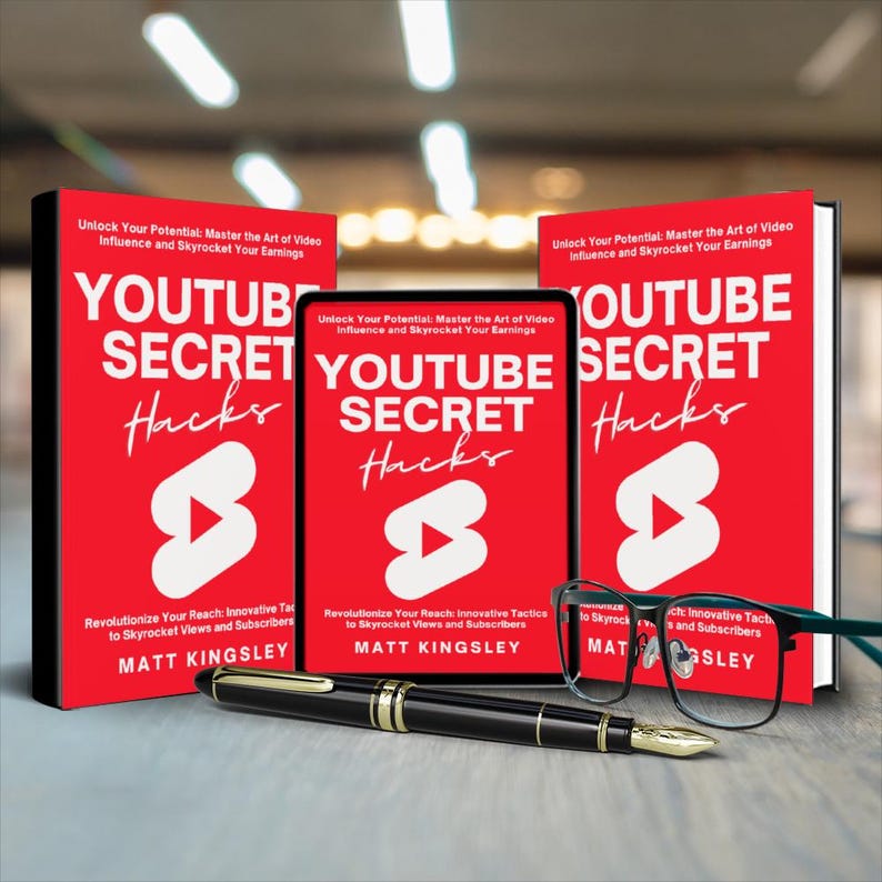 May include: Three red books with the title "YouTube Secret Hacks" and a play button icon. The book on the left and right are closed, while the book in the middle is open and shows the text "Revolutionize Your Reach: Innovative Tactics to Skyrocket Views and Subscribers" and the author's name "Matt Kingsley". A black pen with a gold trim and a pair of glasses are in front of the books.