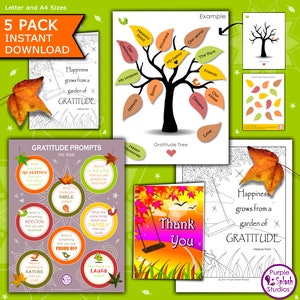 Dankbarkeit druckbare Aktivitäten für Kinder. 6 Seiten mit Ausmalen, Dankeskarten, Journaling-Aufforderungen ... Letter & A4