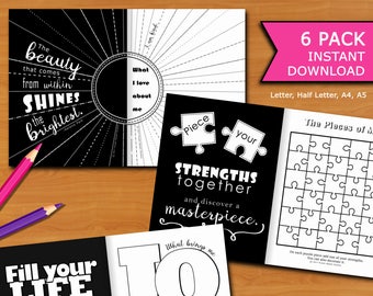 Self-Discovery Printable Journal 6 Pack with Creative Activities, Prompts & Quotes for Writing, Drawing, Coloring…(Letter,Half Letter,A4,A5)