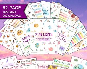 May include: A collection of 62 printable "Fun Lists" for kids. The colorful pages feature various themes, including seasons, kindness, and personal lists. The title "Fun Lists" is written in a whimsical font with a pumpkin, snowflake, and watermelon illustration.