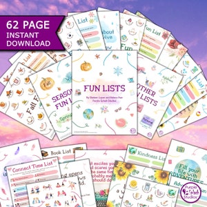 Może przedstawiać: Zbiór 62 drukowanych „Zabawnych List” dla dzieci. Kolorowe strony przedstawiają różne tematy, w tym pory roku, życzliwość i listy osobiste. Tytuł „Fun Lists” jest napisany fantazyjnym fontem z ilustracją dyni, płatka śniegu i arbuza.