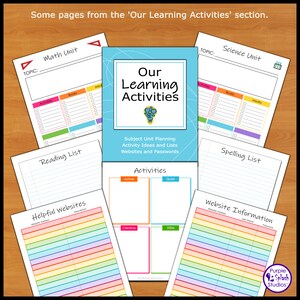 May include: A printable set of colorful planner pages for teachers to organize their lesson plans. The pages include sections for math, science, reading, spelling, and activities. The pages are titled "Our Learning Activities" and include sections for subject unit planning, activity ideas, lists, websites, and passwords.