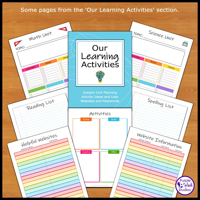 May include: A printable set of colorful planner pages for teachers to organize their lesson plans. The pages include sections for math, science, reading, spelling, and activities. The pages are titled "Our Learning Activities" and include sections for subject unit planning, activity ideas, lists, websites, and passwords.