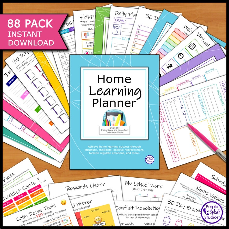 May include: A colorful set of printable home learning planner pages. The pages include checklists, charts, and tools for regulating emotions. The title of the planner is "Home Learning Planner".