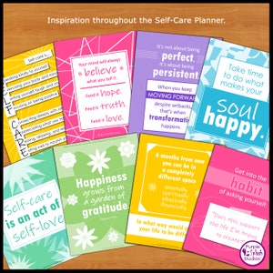 Puede incluir: Un conjunto de 10 tarjetas imprimibles de planificador de autocuidado con citas inspiradoras y fondos coloridos. Las tarjetas presentan citas como "Tu mente siempre creer&aacute; lo que le digas." y "La felicidad crece en un jard&iacute;n de gratitud."