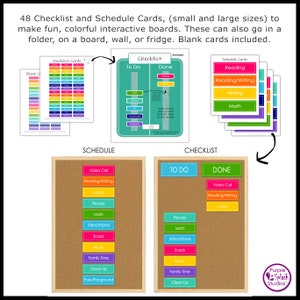 May include: A set of 48 colorful checklist and schedule cards for kids. The cards are designed to help children learn and organize their day. The cards are printed on sturdy cardstock and are perfect for use in a classroom, home, or daycare.