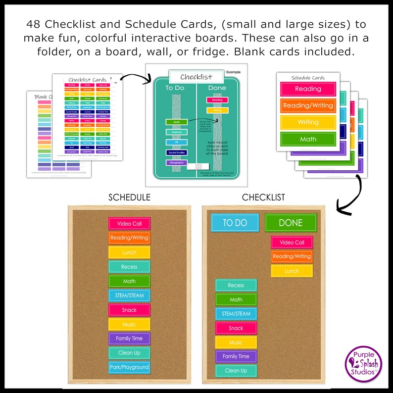 May include: A set of 48 colorful checklist and schedule cards for kids. The cards are designed to help children learn and organize their day. The cards are printed on sturdy cardstock and are perfect for use in a classroom, home, or daycare.