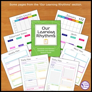 May include: A set of printable planner pages for organizing daily, weekly, and monthly schedules. The pages feature colorful borders and sections for goals, meal planning, and important dates. The title of the set is "Our Learning Rhythms".