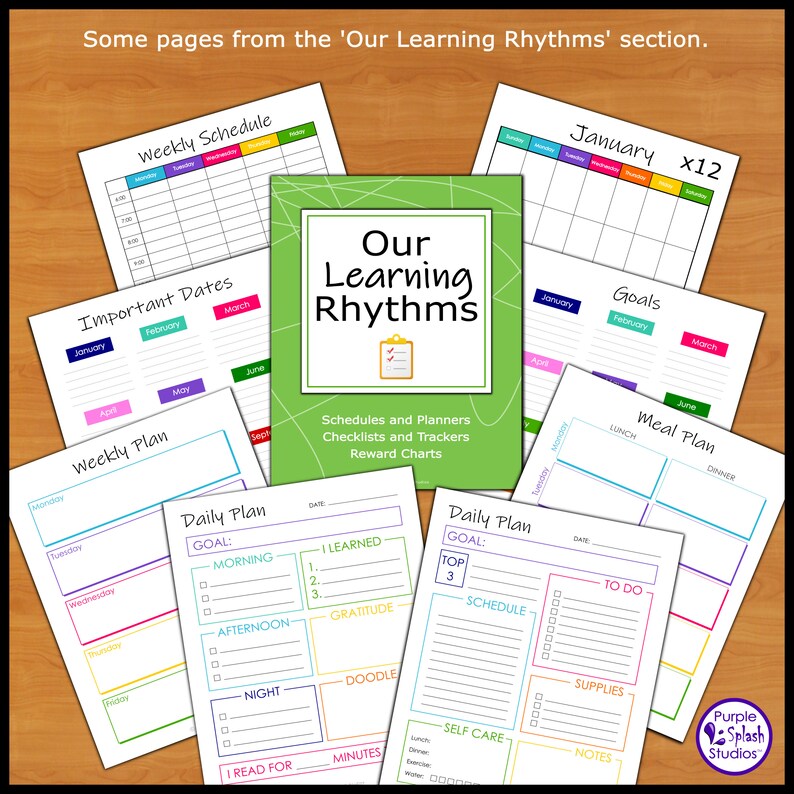 May include: A set of printable planner pages for organizing daily, weekly, and monthly schedules. The pages feature colorful borders and sections for goals, meal planning, and important dates. The title of the set is "Our Learning Rhythms".