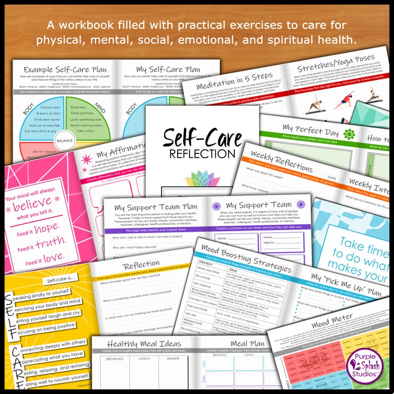 Puede incluir: Un cuaderno de trabajo imprimible colorido con hojas de trabajo y actividades para el cuidado personal. El cuaderno incluye secciones sobre salud f&iacute;sica, mental, social, emocional y espiritual. La portada presenta las palabras "Reflexi&oacute;n sobre el cuidado personal" en un esquema de color rosa y verde.