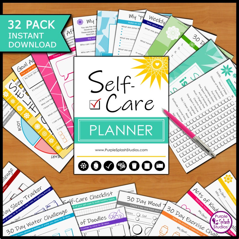 Self-Care Printable Planner: 32p Workbook Journal Self-Love, Self Help, Mindset, Health, Affirmations, Gratitude, Quotes, 30 Day Challenge image 1