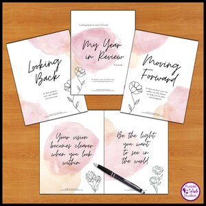 May include: A printable journal with a watercolor background and floral illustrations. The journal is divided into two sections: "Looking Back" and "Moving Forward". The text "My Year in Review" is at the top of the page.