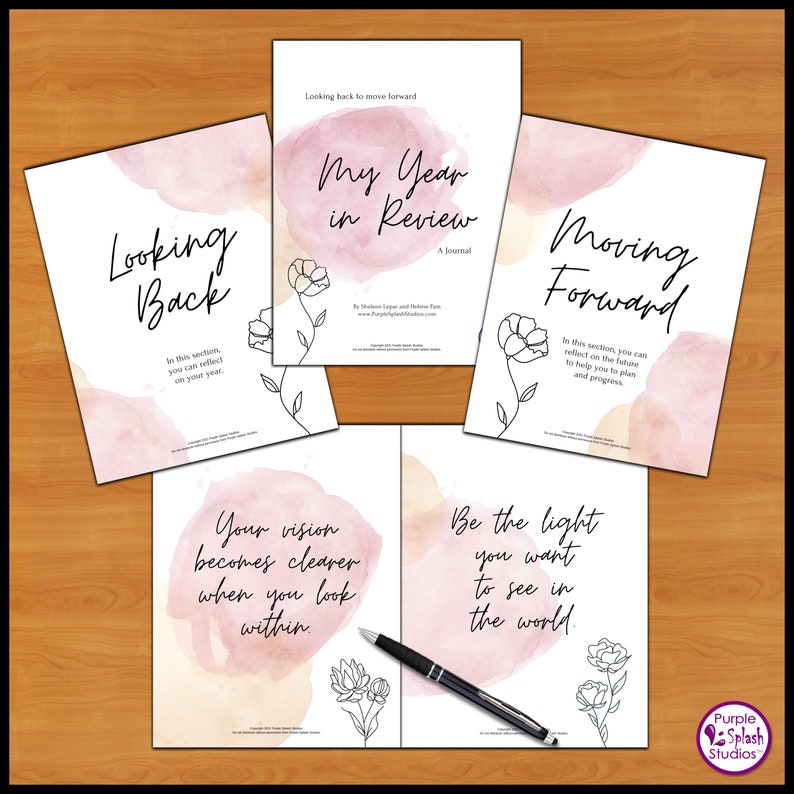 May include: A printable journal with a watercolor background and floral illustrations. The journal is divided into two sections: "Looking Back" and "Moving Forward". The text "My Year in Review" is at the top of the page.