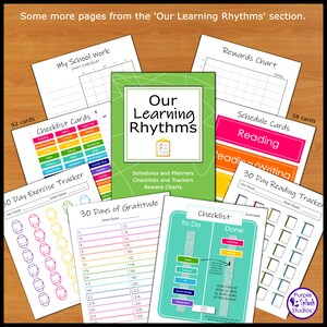 May include: A collection of printable educational resources for kids, including checklists, trackers, and reward charts. The resources are colorful and feature a variety of themes, such as reading, writing, exercise, and gratitude. The title of the resource is "Our Learning Rhythms".