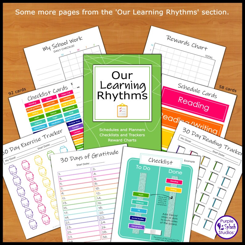 May include: A collection of printable educational resources for kids, including checklists, trackers, and reward charts. The resources are colorful and feature a variety of themes, such as reading, writing, exercise, and gratitude. The title of the resource is "Our Learning Rhythms".