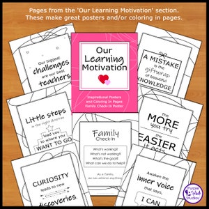 May include: Black and white printable posters with motivational quotes about learning. The posters feature phrases like "Our biggest challenges are our best teachers", "Little steps in the right direction lead you to where you want to go", "Curiosity leads to new discoveries", "A mistake is the giftwrap of beautiful knowledge", "The more you try the easier it gets", "Awaken the inner voice that says, I can", and "Family Check-In: What's working? What's not working? What's the goal? What can we do to help? As a family, we can achieve anything."