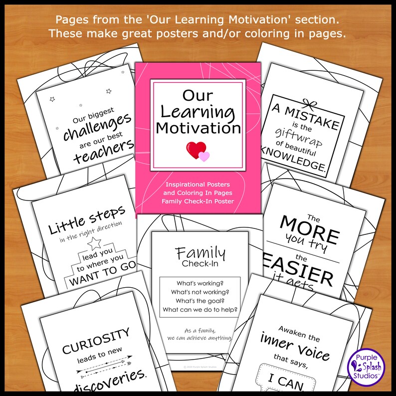 May include: Black and white printable posters with motivational quotes about learning. The posters feature phrases like "Our biggest challenges are our best teachers", "Little steps in the right direction lead you to where you want to go", "Curiosity leads to new discoveries", "A mistake is the giftwrap of beautiful knowledge", "The more you try the easier it gets", "Awaken the inner voice that says, I can", and "Family Check-In: What's working? What's not working? What's the goal? What can we do to help? As a family, we can achieve anything."