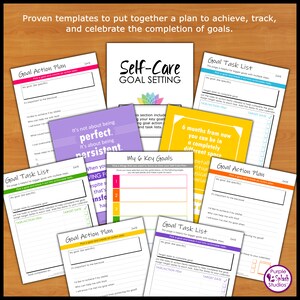 Puede incluir: Un conjunto de hojas de trabajo imprimibles para la fijaci&oacute;n de objetivos, con un esquema de color morado, amarillo y rosa. Las hojas de trabajo incluyen secciones para planes de acci&oacute;n de objetivos, listas de tareas y objetivos clave. El texto "Self-Care Goal Setting" aparece en una fuente grande en una de las hojas de trabajo.