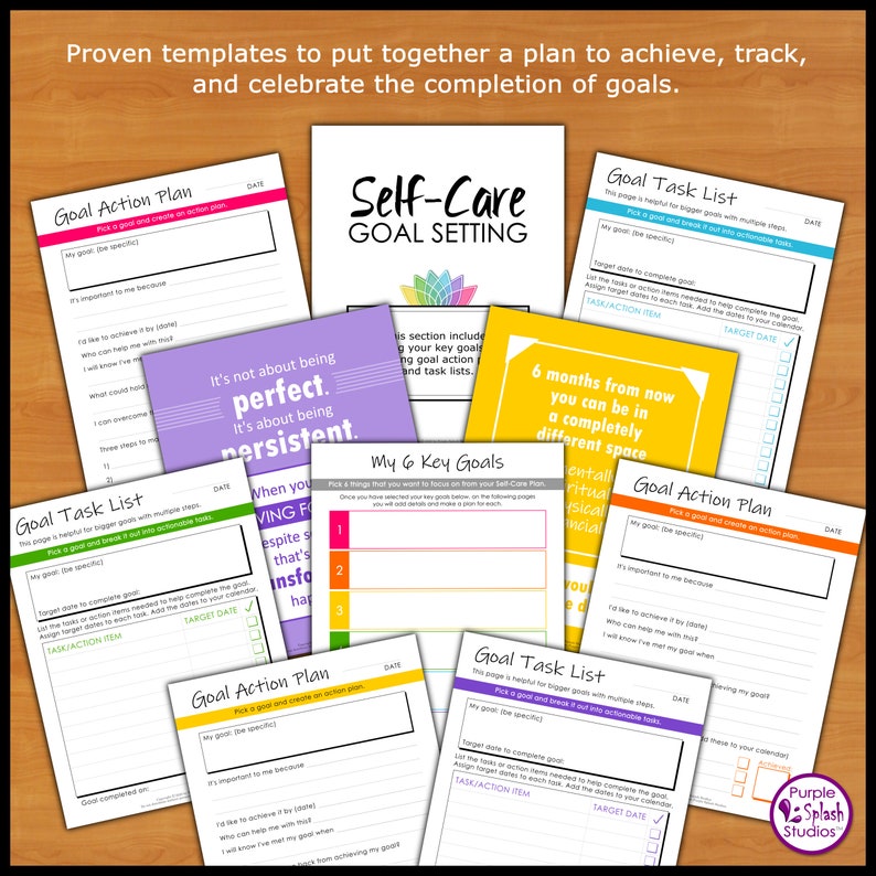Puede incluir: Un conjunto de hojas de trabajo imprimibles para la fijaci&oacute;n de objetivos, con un esquema de color morado, amarillo y rosa. Las hojas de trabajo incluyen secciones para planes de acci&oacute;n de objetivos, listas de tareas y objetivos clave. El texto "Self-Care Goal Setting" aparece en una fuente grande en una de las hojas de trabajo.
