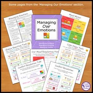 May include: A set of printable worksheets for managing emotions. The worksheets feature colorful illustrations and text, including "Managing Our Emotions", "Happy Boosting Tools", "Calm Down Tools", "Conflict Resolution Talk", and "Our Mood Regulating Plan".