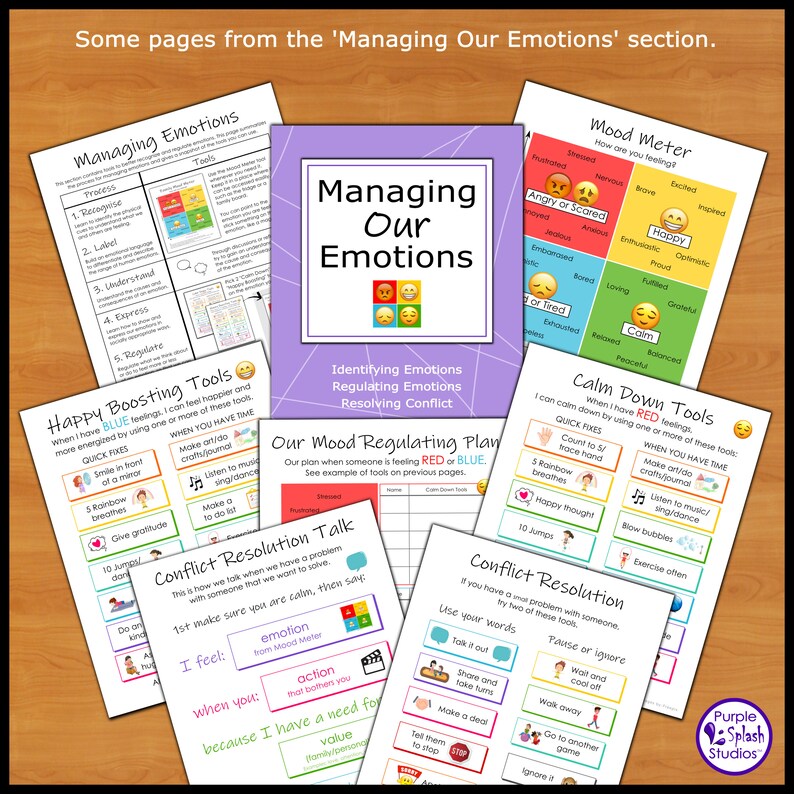 May include: A set of printable worksheets for managing emotions. The worksheets feature colorful illustrations and text, including "Managing Our Emotions", "Happy Boosting Tools", "Calm Down Tools", "Conflict Resolution Talk", and "Our Mood Regulating Plan".